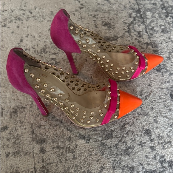 Christian Louboutin Pink and Orange Studded Heels - Picture 2 of 4